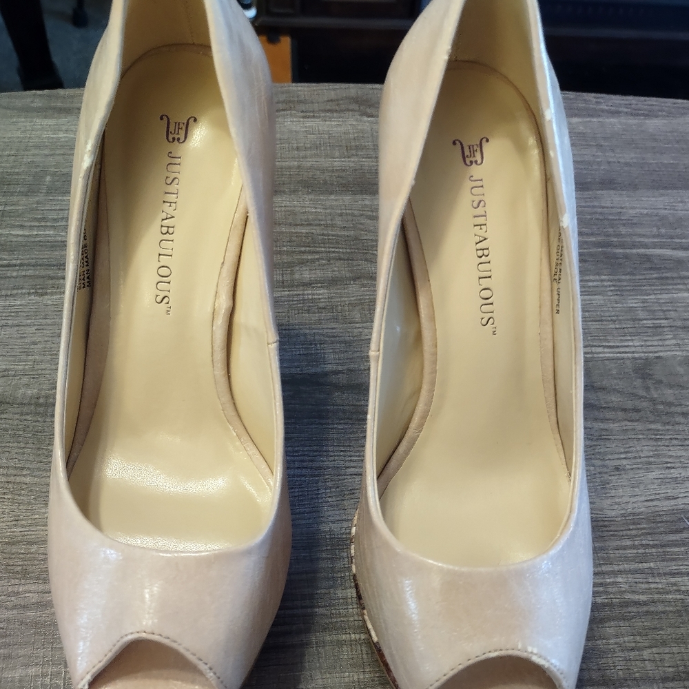 JustFab Open Toe Platform Blush & Snakeskin Heels, Size 7
